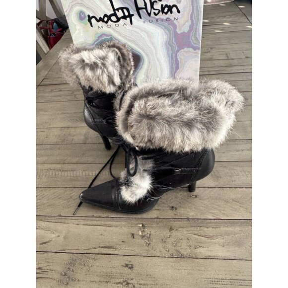 Moda Fusion Fur Trim Lace Up High Stiletto Heel Booties Boots Black Leather 5.5 - Picture 6 of 8